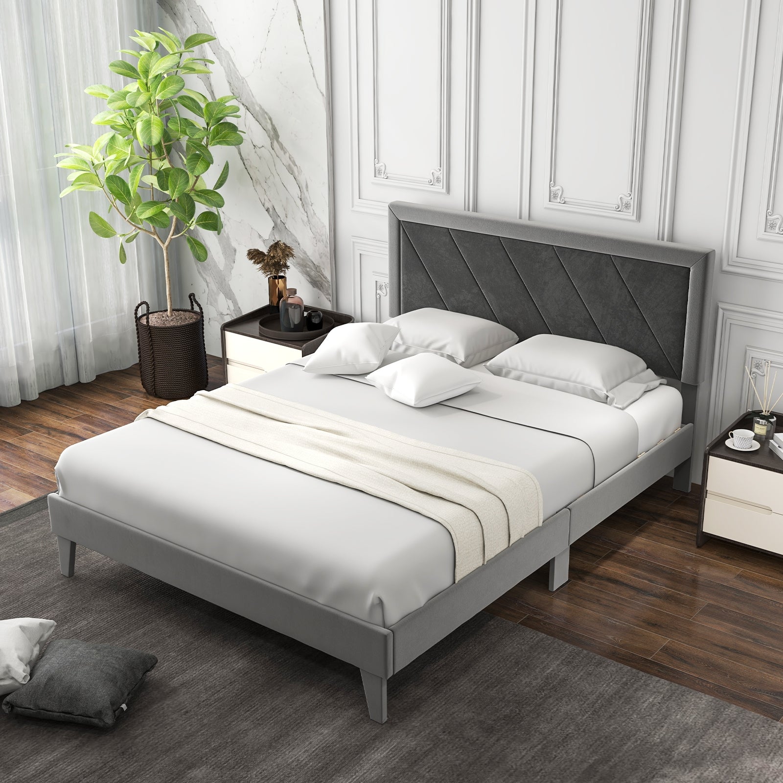 Twin/Full/Queen Platform Bed with High Headboard and Wooden Slats-Queen Size, Black & Gray Simple Bed Frame at Gallery Canada