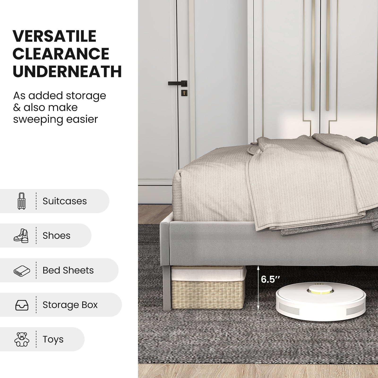 Twin/Full/Queen Platform Bed with High Headboard and Wooden Slats-Queen Size, Black & Gray Simple Bed Frame at Gallery Canada