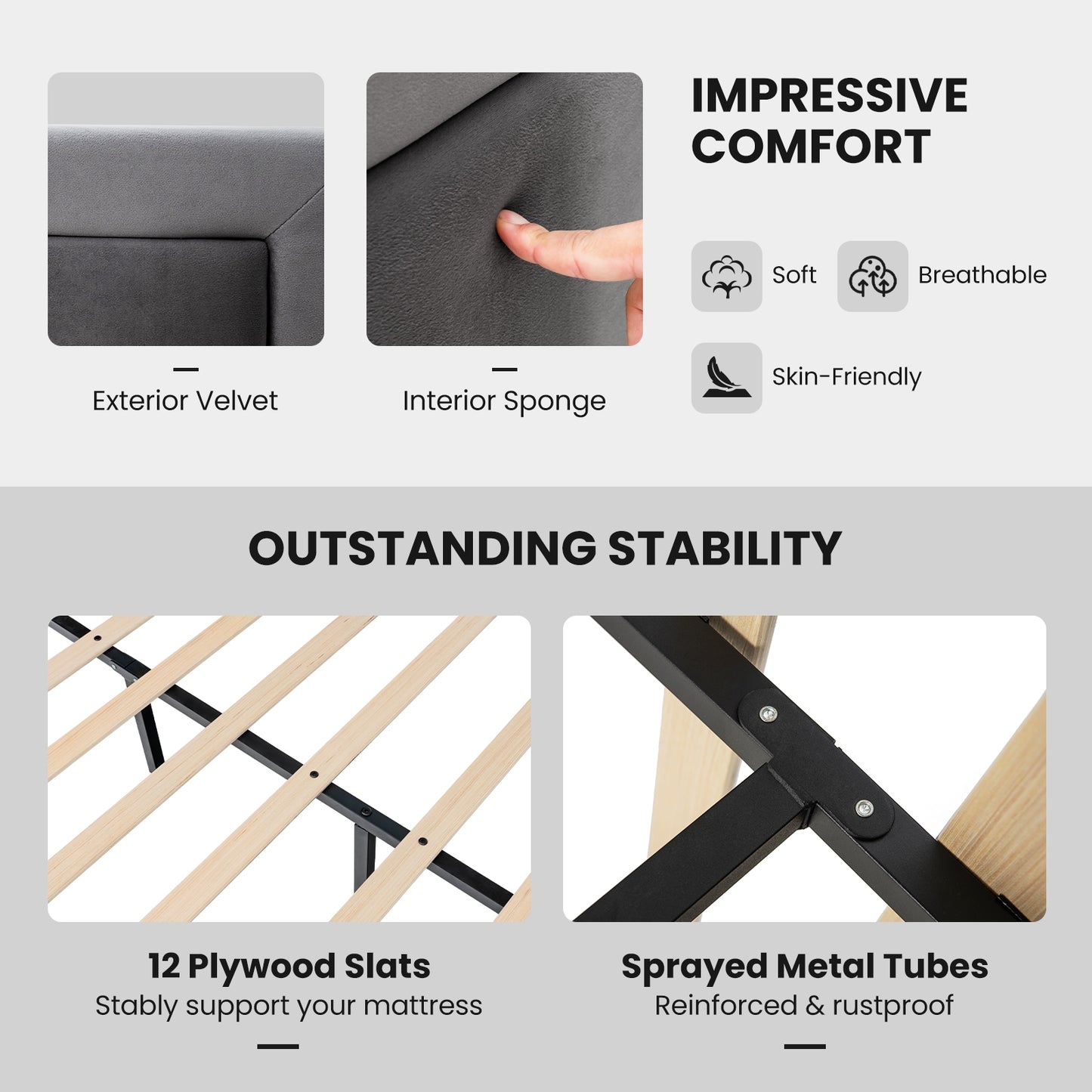 Twin/Full/Queen Platform Bed with High Headboard and Wooden Slats-Queen Size, Black & Gray Simple Bed Frame at Gallery Canada