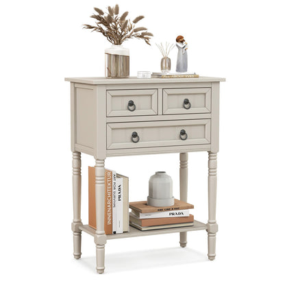 Narrow Console Table with 3 Storage Drawers and Open Bottom Shelf, Beige