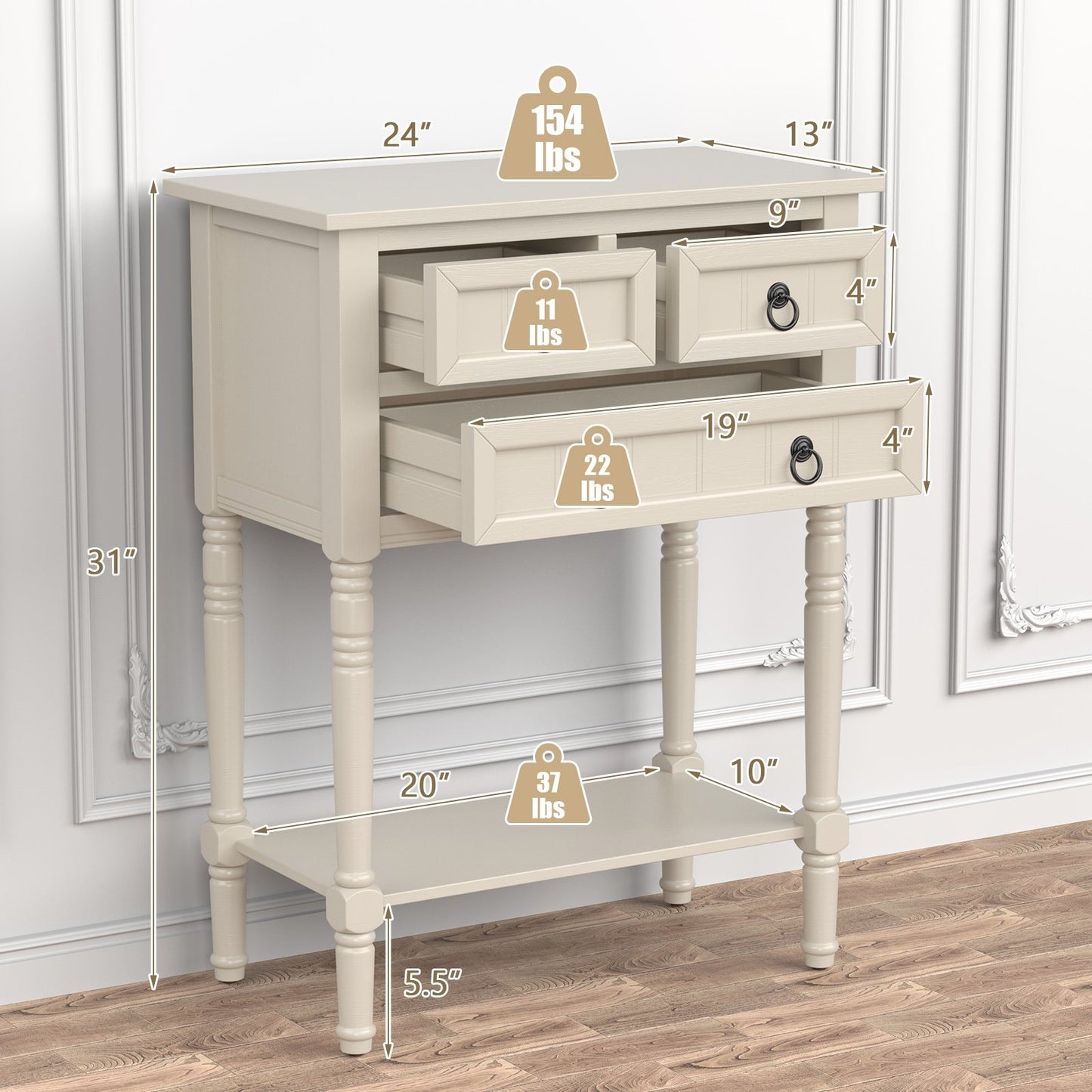 Narrow Console Table with 3 Storage Drawers and Open Bottom Shelf, Beige