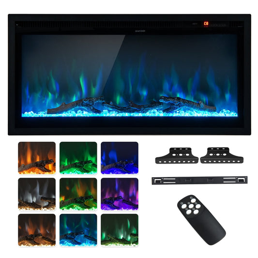 Electric Fireplace in-Wall Recessed with Remote Control and Adjustable Color and Brightness-36 inches, Black - Gallery Canada