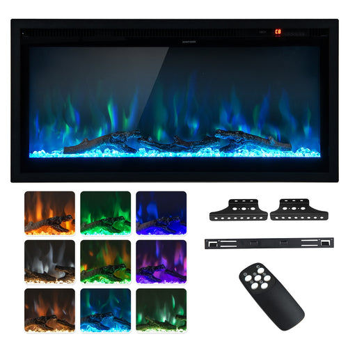 Electric Fireplace, In-Wall Recessed, Remote Control, Adjustable Color, 36 Inches, Black