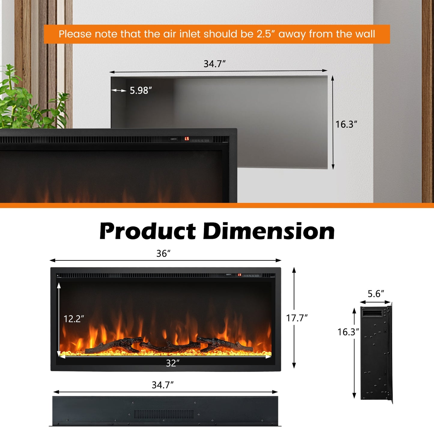 Electric Fireplace, In-Wall Recessed, Remote Control, Adjustable Color, 36 Inches, Black Fireplaces at Gallery Canada
