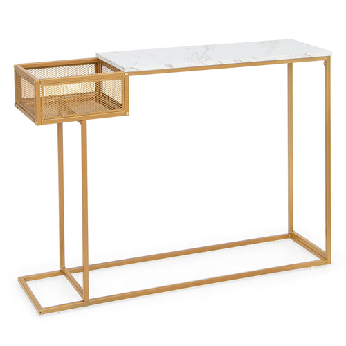 Rectangular White Faux Marble Console Table with Storage, Golden