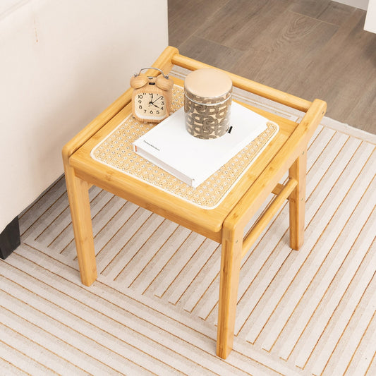 Bamboo Vanity Stool with Rattan Top and Reinforcement Bar, Natural - Gallery Canada