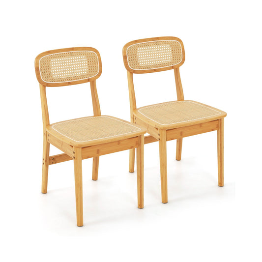 Set of 2 Rattan Dining Chairs with Simulated Rattan Backrest, Natural