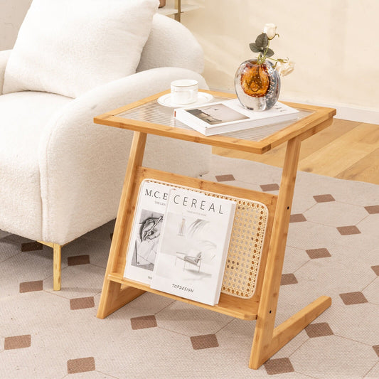 Z-shaped End Table with Magazine Rack and Rattan Shelf, Natural - Gallery Canada