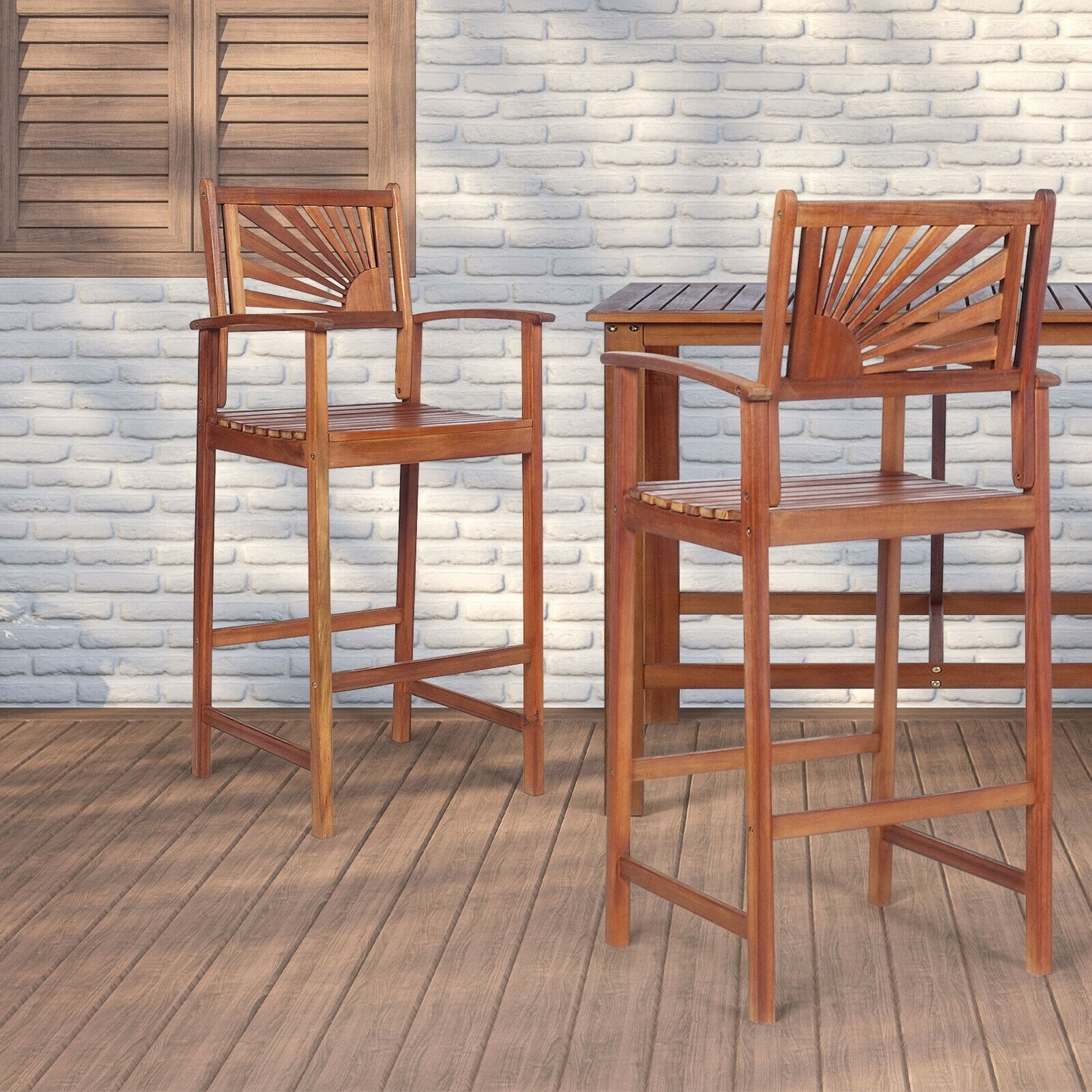 2 Pieces Outdoor Acacia Wood Bar Chairs with Sunflower Backrest and Armrests, Brown Patio Bar Furniture at Gallery Canada