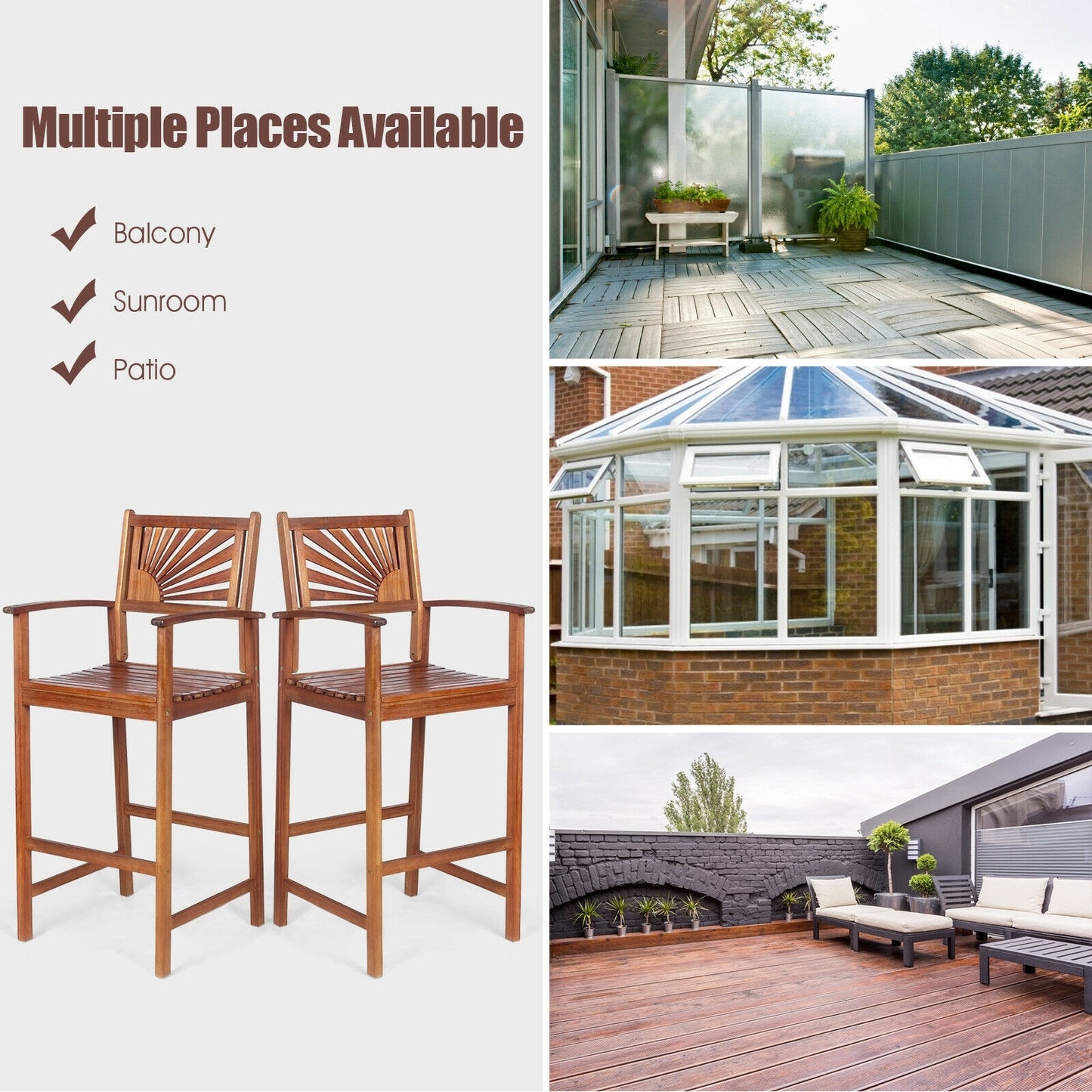 2 Pieces Outdoor Acacia Wood Bar Chairs with Sunflower Backrest and Armrests, Brown Patio Bar Furniture at Gallery Canada