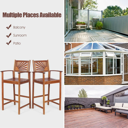 2 Pieces Outdoor Acacia Wood Bar Chairs with Sunflower Backrest and Armrests, Brown Patio Bar Furniture at Gallery Canada