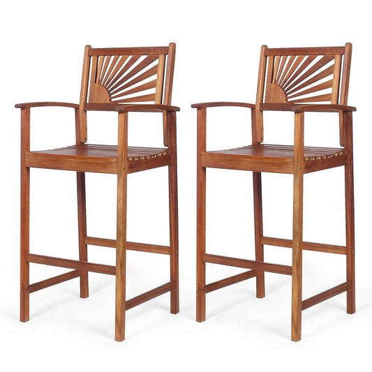 2 Pieces Outdoor Acacia Wood Bar Chairs with Sunflower Backrest and Armrests, Brown Patio Bar Furniture Brown at Gallery Canada