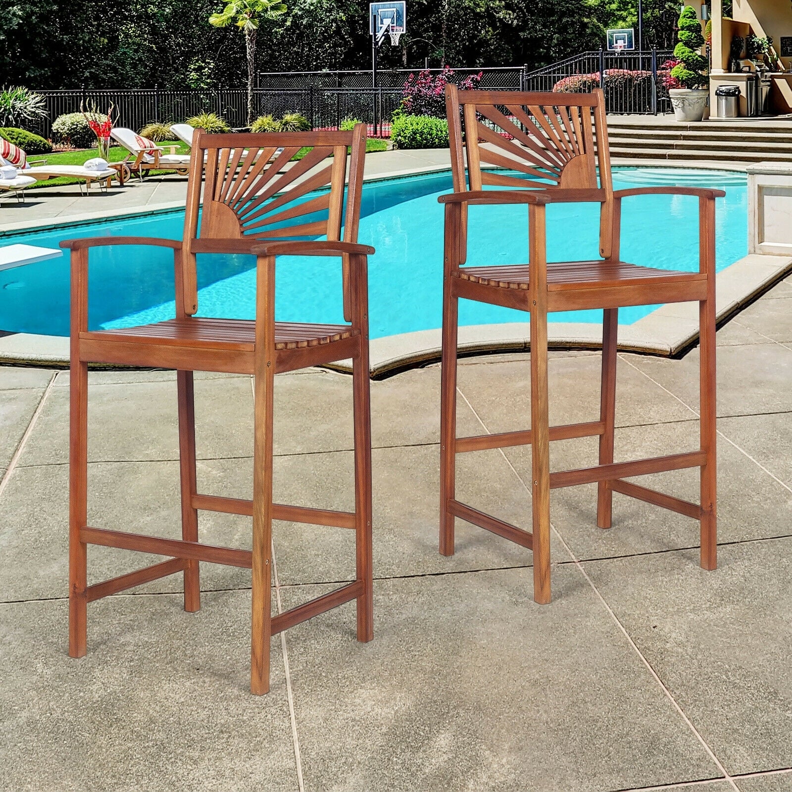 2 Pieces Outdoor Acacia Wood Bar Chairs with Sunflower Backrest and Armrests, Brown Patio Bar Furniture at Gallery Canada