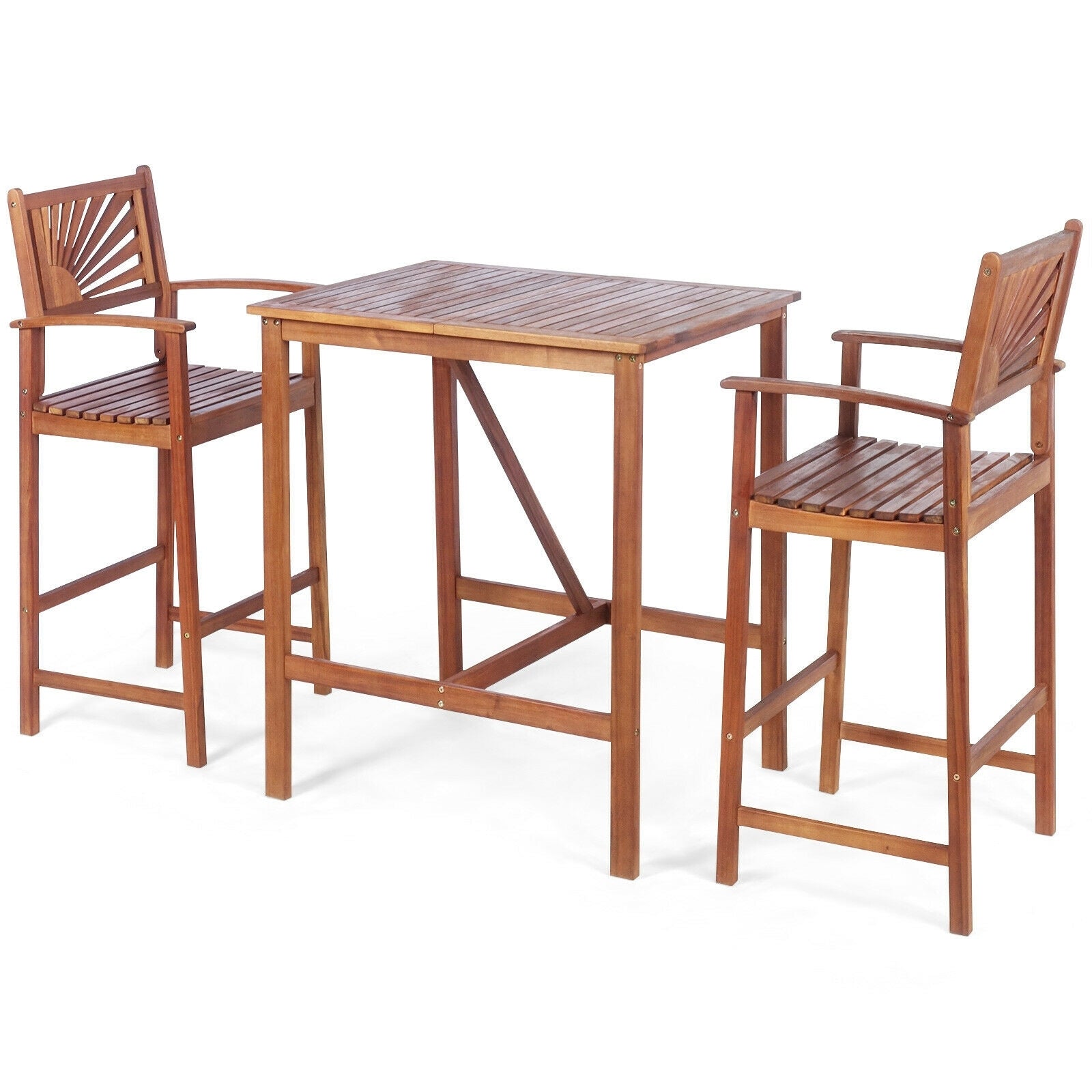 3 Pieces Acacia Wood Patio Bar Set with Sunflower Patterned Backrest, Natural Patio Bar Furniture at Gallery Canada