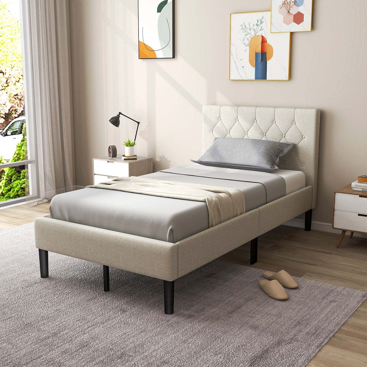 Twin Size Upholstered Platform Bed with Button Tufted Headboard, Beige Simple Bed Frame at Gallery Canada