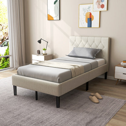 Twin Size Upholstered Platform Bed with Button Tufted Headboard, Beige Simple Bed Frame at Gallery Canada
