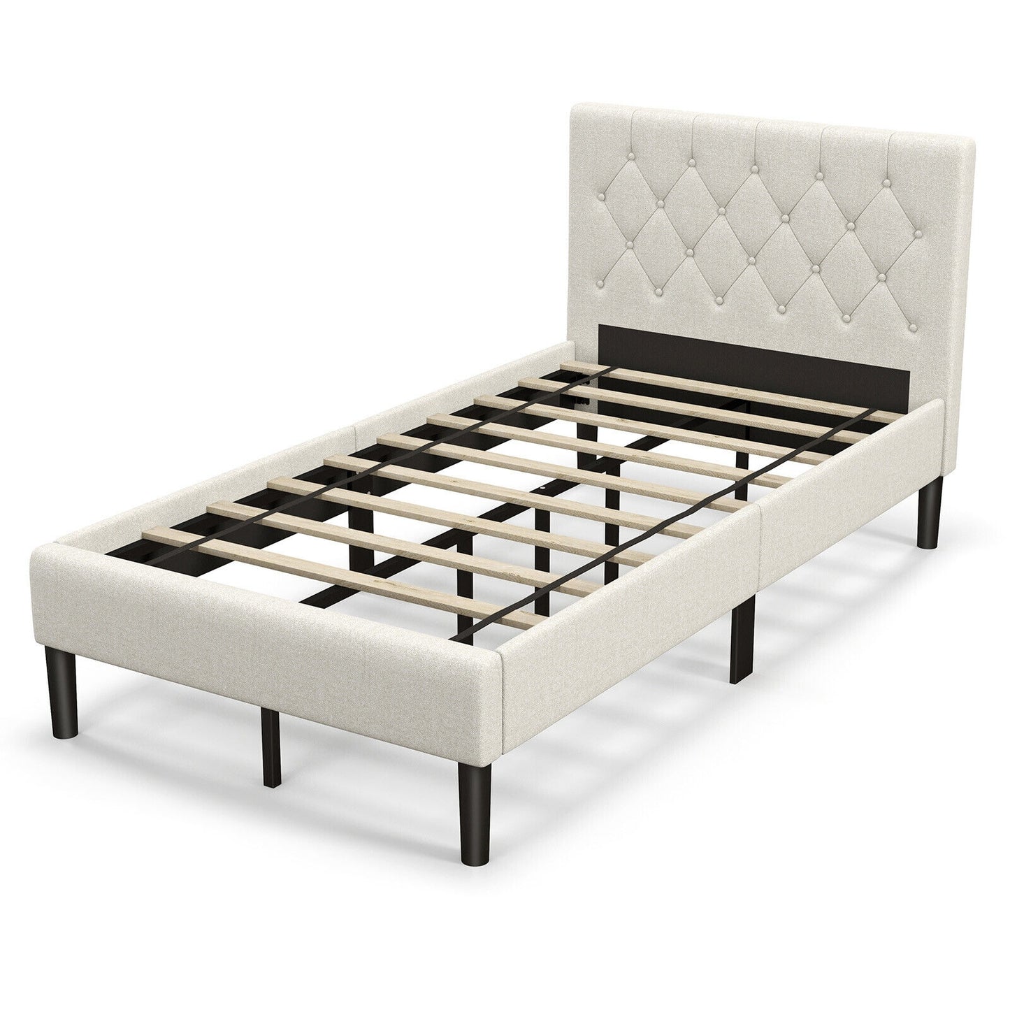 Twin Size Upholstered Platform Bed with Button Tufted Headboard, Beige Simple Bed Frame Beige at Gallery Canada