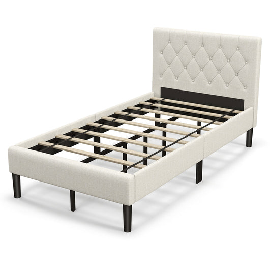 Twin Size Upholstered Platform Bed with Button Tufted Headboard, Beige Simple Bed Frame Beige at Gallery Canada