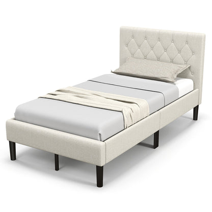 Twin Size Upholstered Platform Bed with Button Tufted Headboard, Beige Simple Bed Frame at Gallery Canada