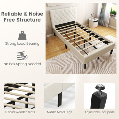 Twin Size Upholstered Platform Bed with Button Tufted Headboard, Beige Simple Bed Frame at Gallery Canada