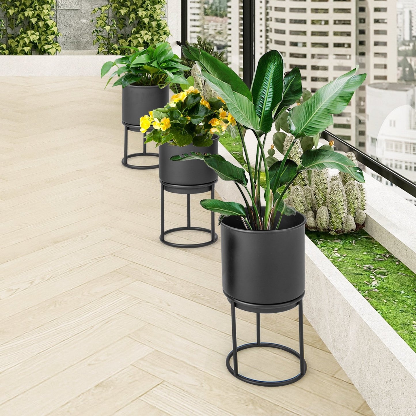 Metal Planter Pot Stand Set of 3 with Pots for Home Balcony Garden, Black