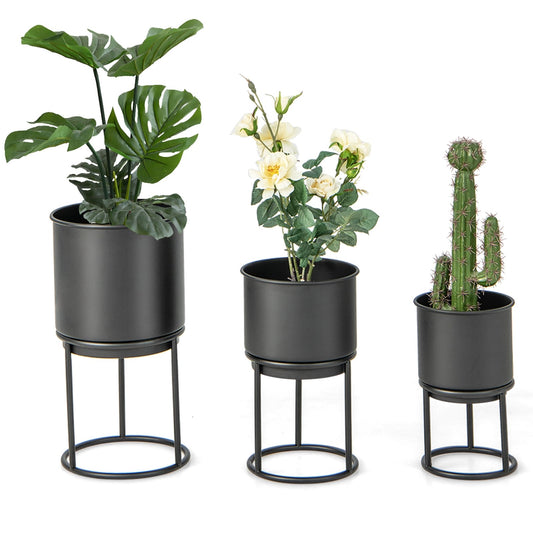 Metal Planter Pot Stand Set of 3 with Pots for Home Balcony Garden, Black - Gallery Canada