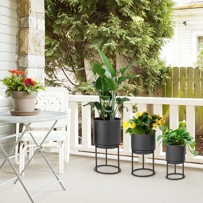 Metal Planter Pot Stand Set of 3 with Pots for Home Balcony Garden, Black