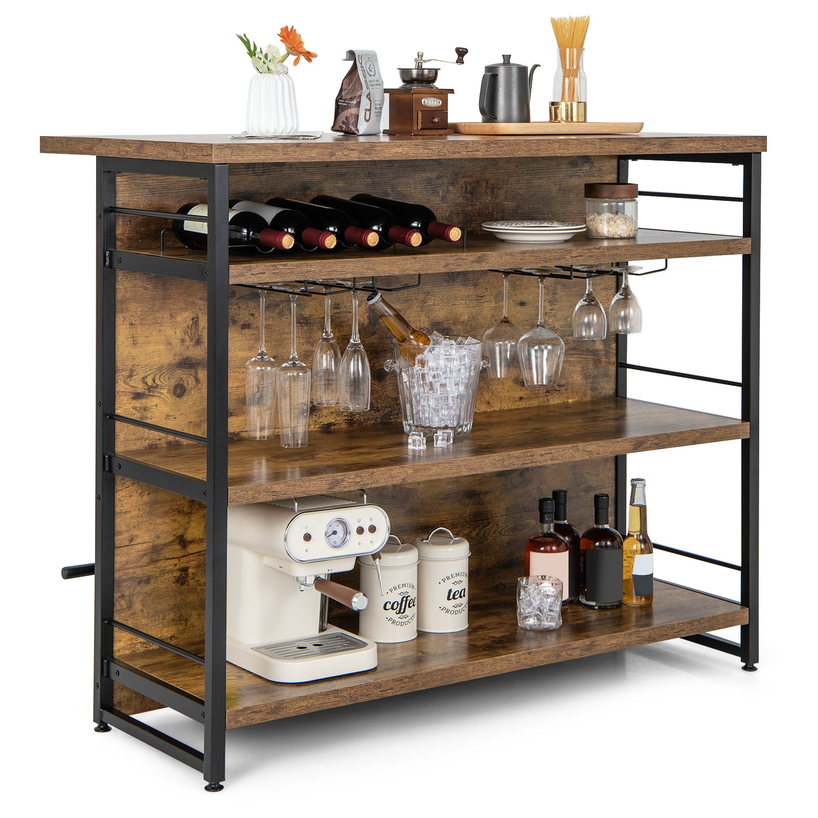 Kitchen Island with 4-Tier Storage Shelf and Long Footrest for Home, Rustic Brown Kitchen Islands & Carts at Gallery Canada