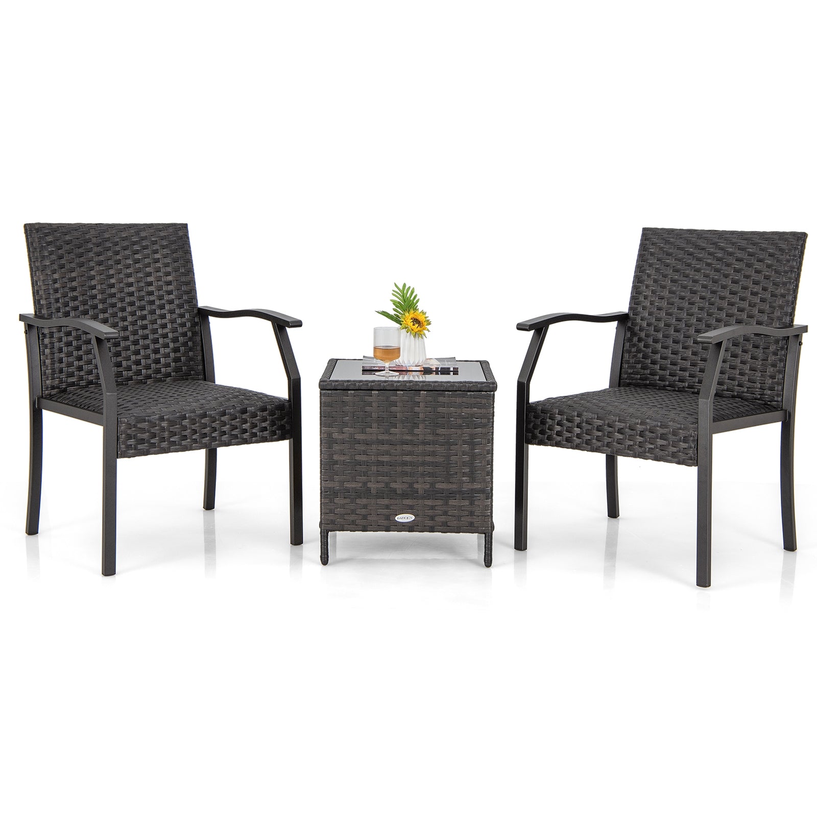 3 Piece Patio Wicker Chair Set with Quick Dry Foam Cushions All Weather, Brown Patio Conversation Sets at Gallery Canada