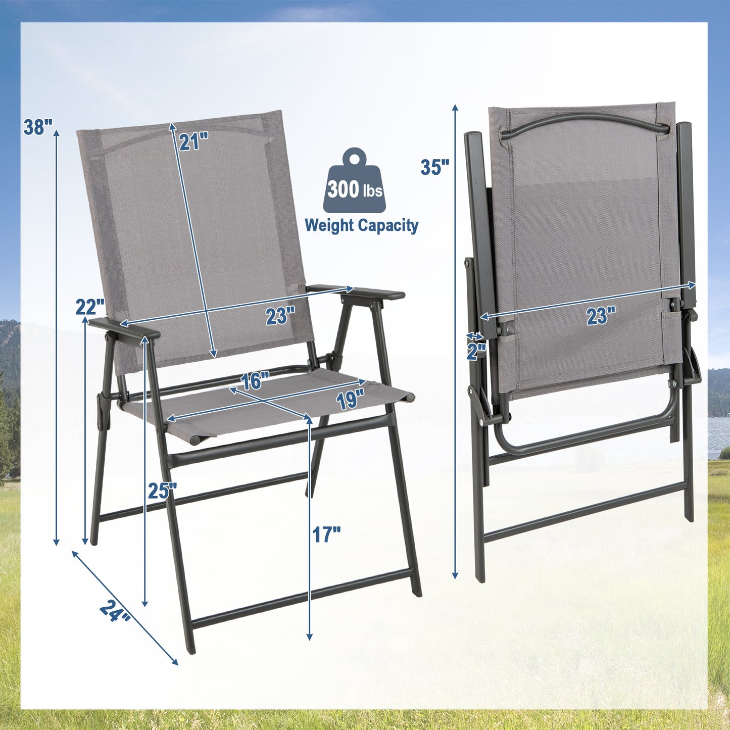 2 Pieces Patio Folding Chairs with Armrests for Deck Garden Yard, Gray Patio Dining Chairs at Gallery Canada