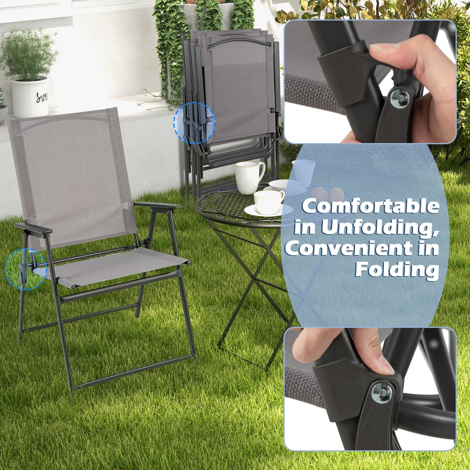 2 Pieces Patio Folding Chairs with Armrests for Deck Garden Yard, Gray Patio Dining Chairs at Gallery Canada
