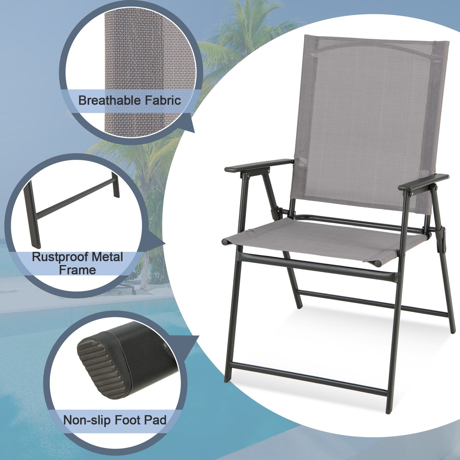 2 Pieces Patio Folding Chairs with Armrests for Deck Garden Yard, Gray Patio Dining Chairs at Gallery Canada