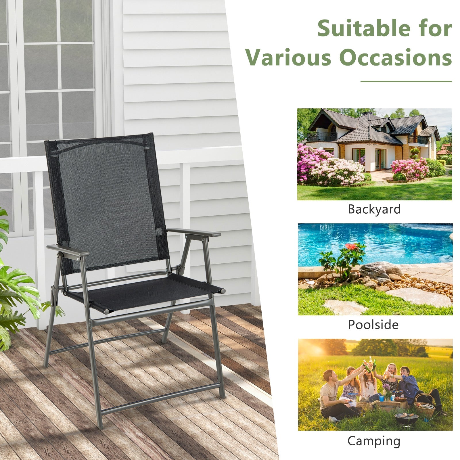 Set of 4 Patio Folding Chair Set with Rustproof Metal Frame, Black Beach & Lawn Chairs at Gallery Canada