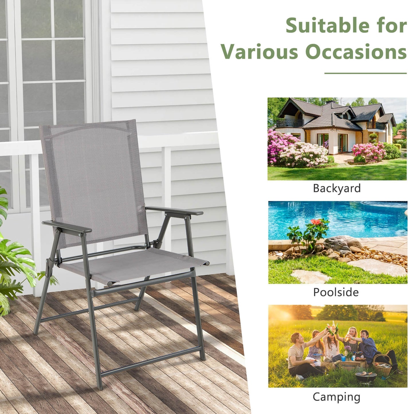 Set of 4 Patio Folding Chair Set with Rustproof Metal Frame, Gray Beach & Lawn Chairs at Gallery Canada