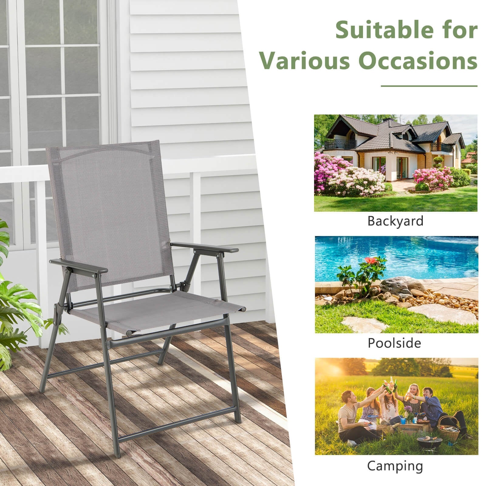 Set of 4 Patio Folding Chair Set with Rustproof Metal Frame, Gray Beach & Lawn Chairs at Gallery Canada