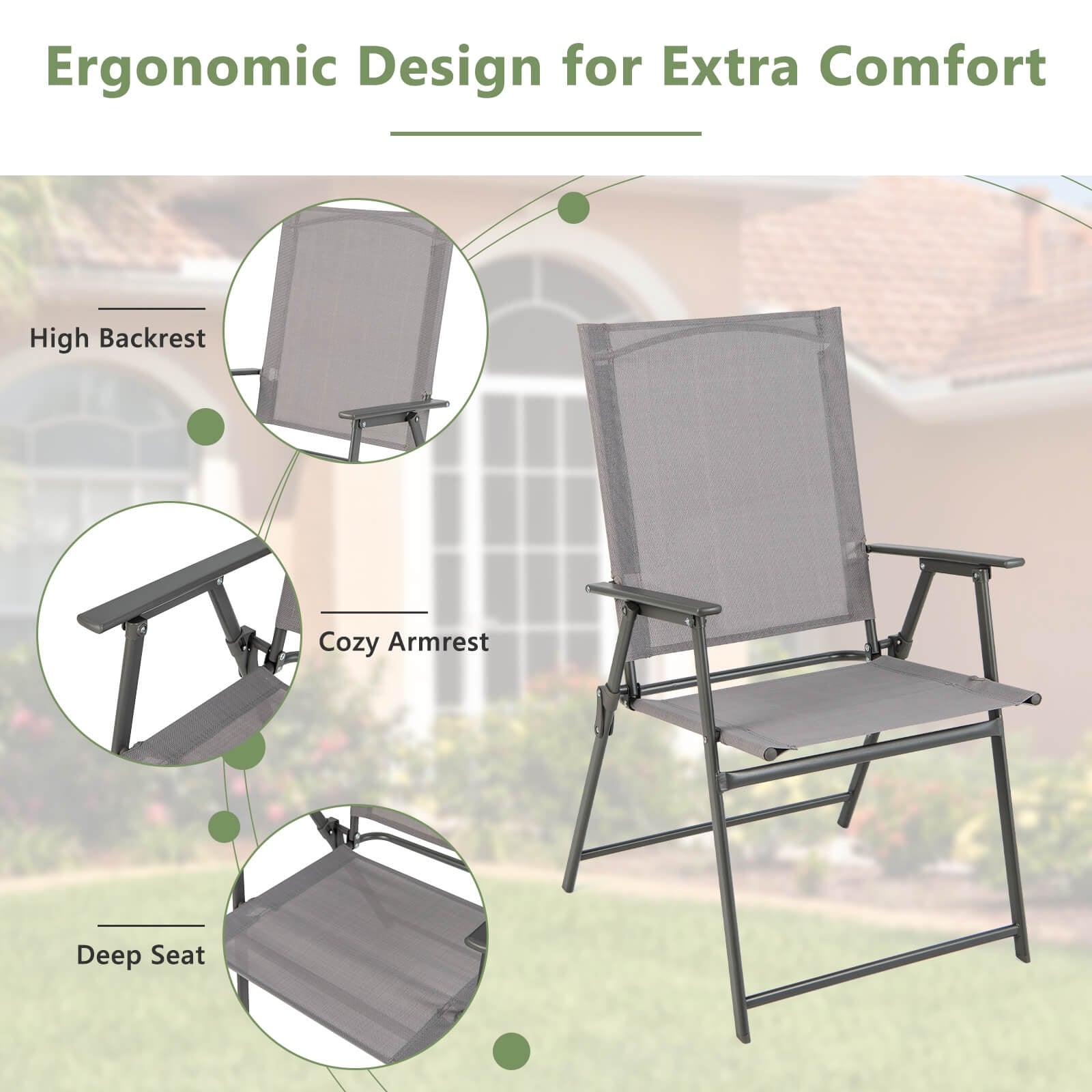 Set of 4 Patio Folding Chair Set with Rustproof Metal Frame, Gray Beach & Lawn Chairs at Gallery Canada