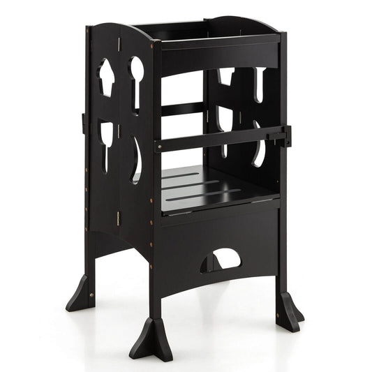 Folding Wooden Step Stool with Lockable Safety Rail for Toddler 3+, Coffee Toddler & Kids Furniture Coffee at Gallery Canada