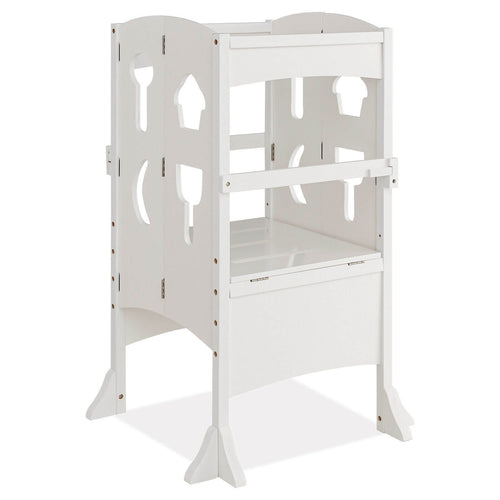 Folding Wooden Step Stool, Lockable Safety Rail For Toddlers, White