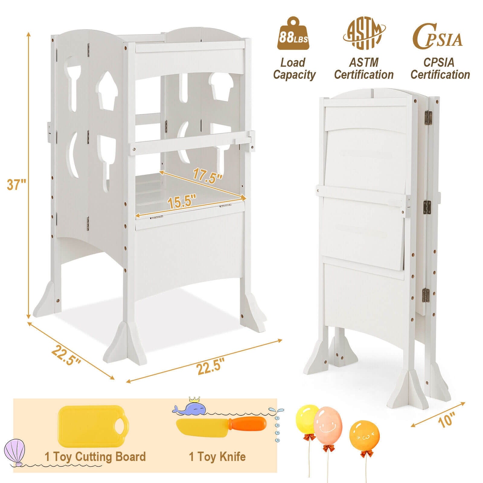 Folding Wooden Step Stool with Lockable Safety Rail for Toddler 3+, White Toddler & Kids Furniture at Gallery Canada