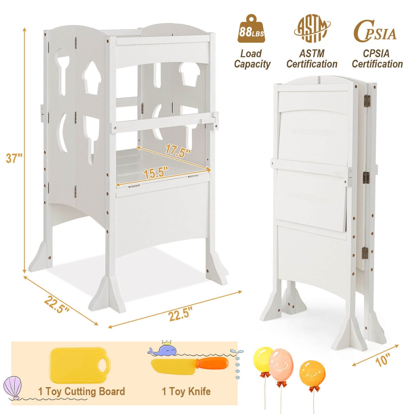 Folding Wooden Step Stool with Lockable Safety Rail for Toddler 3+, White Toddler & Kids Furniture at Gallery Canada