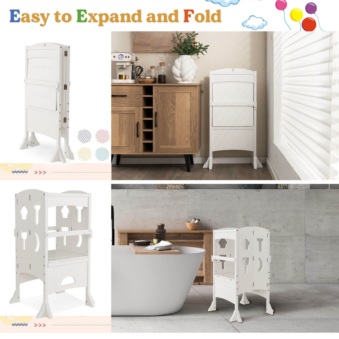 Folding Wooden Step Stool with Lockable Safety Rail for Toddler 3+, White Toddler & Kids Furniture at Gallery Canada