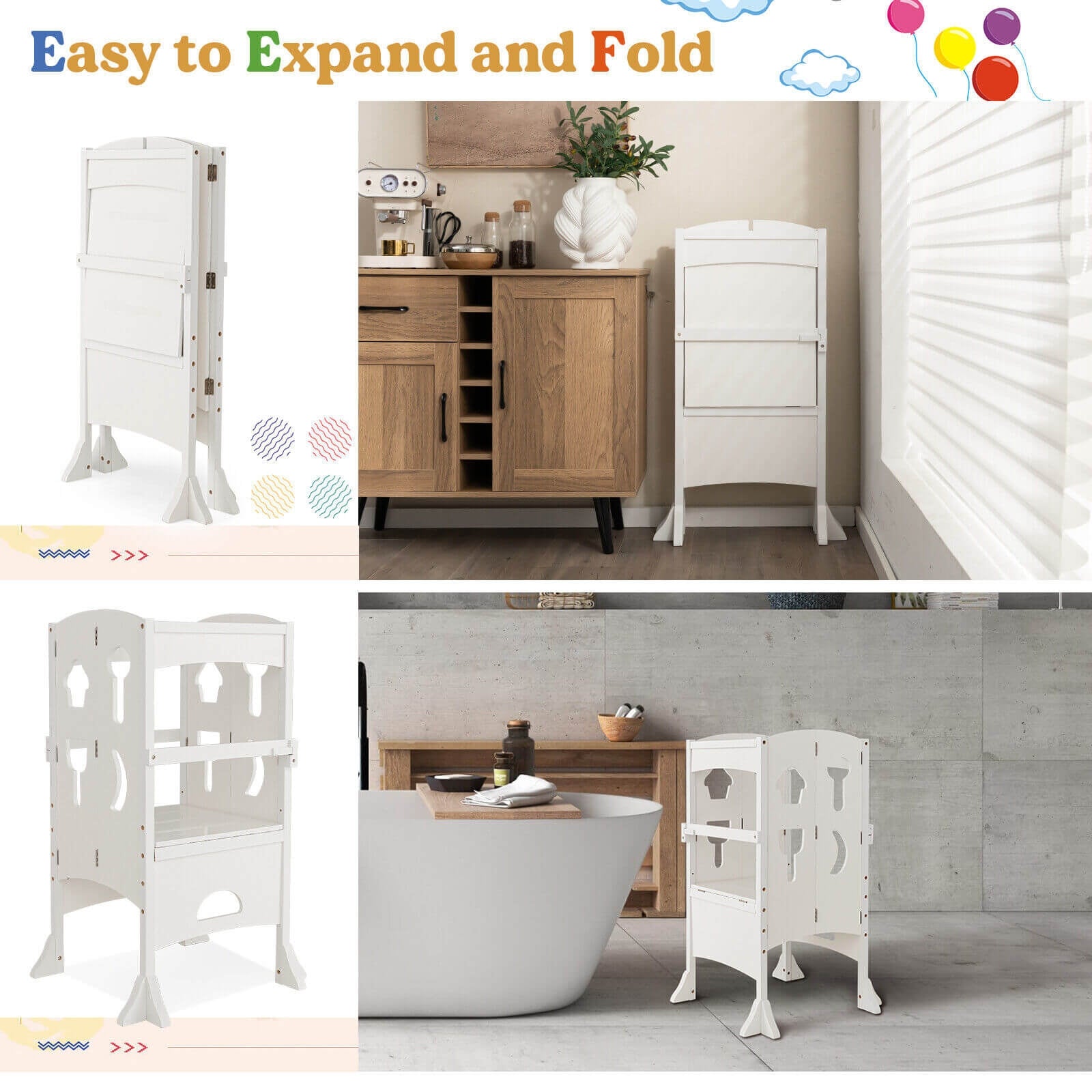 Folding Wooden Step Stool with Lockable Safety Rail for Toddler 3+, White Toddler & Kids Furniture at Gallery Canada