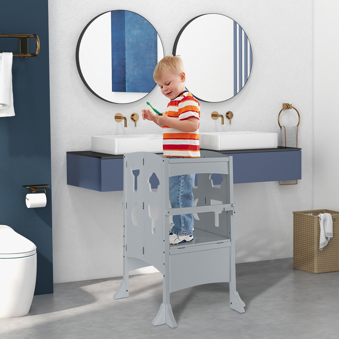 Folding Wooden Step Stool with Lockable Safety Rail for Toddler 3+, Gray Toddler & Kids Furniture at Gallery Canada