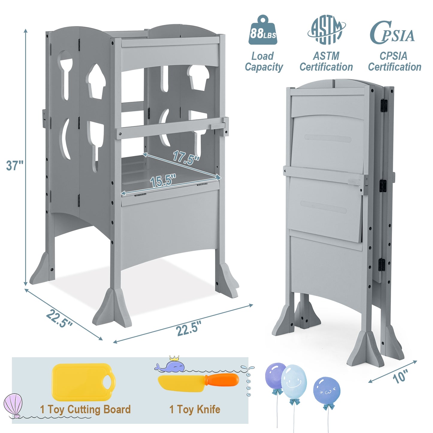 Folding Wooden Step Stool with Lockable Safety Rail for Toddler 3+, Gray Toddler & Kids Furniture at Gallery Canada