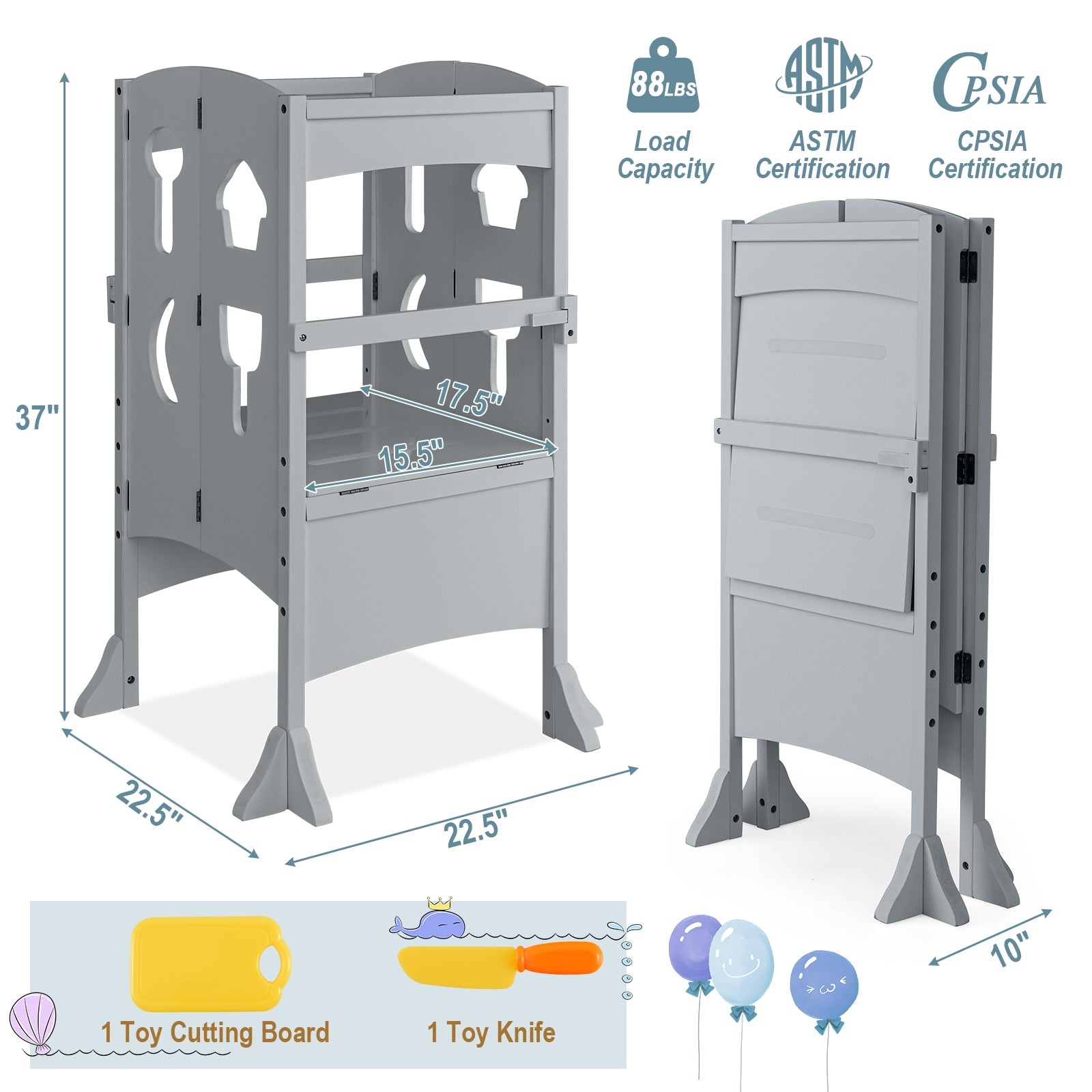 Folding Wooden Step Stool with Lockable Safety Rail for Toddler 3+, Gray Toddler & Kids Furniture at Gallery Canada
