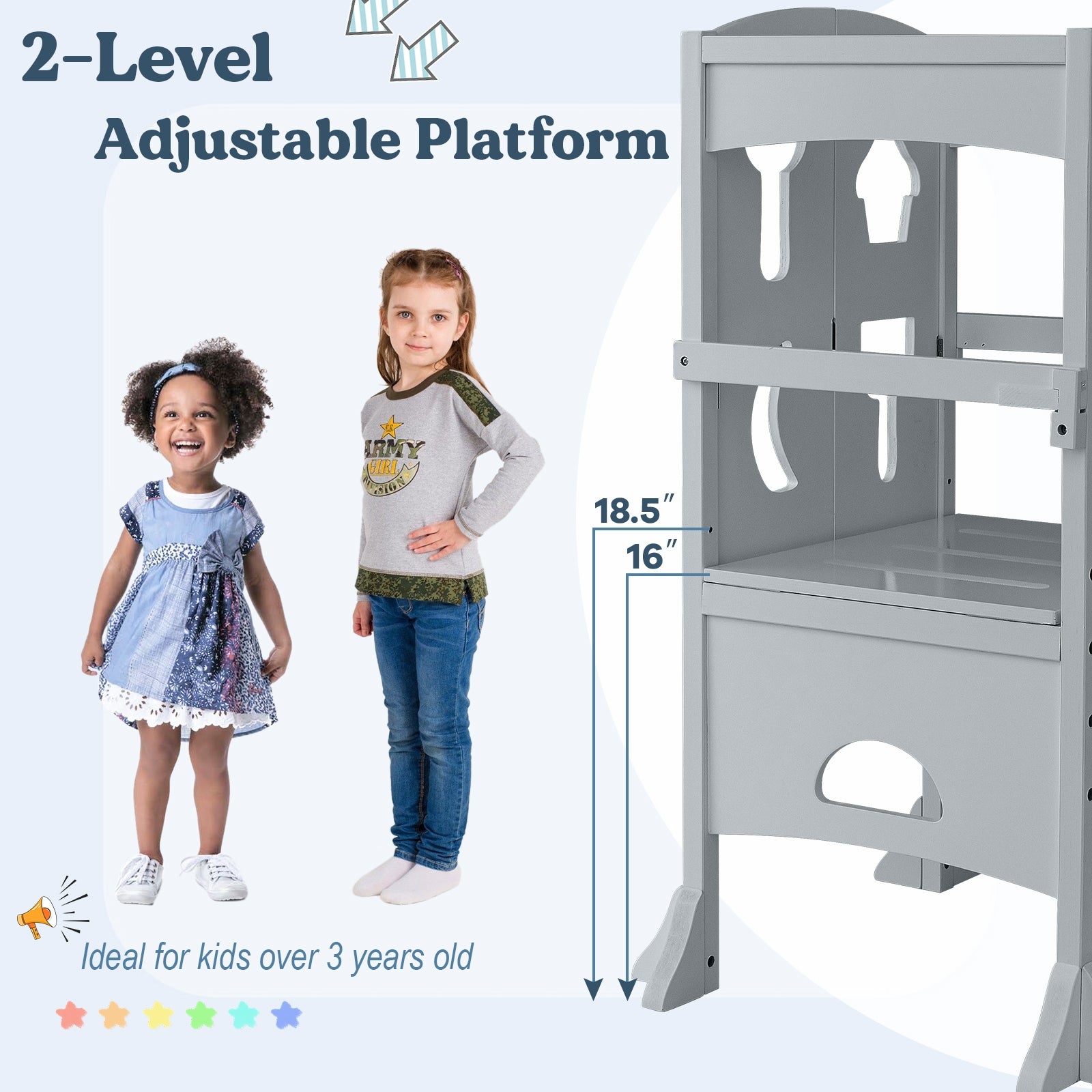 Folding Wooden Step Stool with Lockable Safety Rail for Toddler 3+, Gray Toddler & Kids Furniture at Gallery Canada