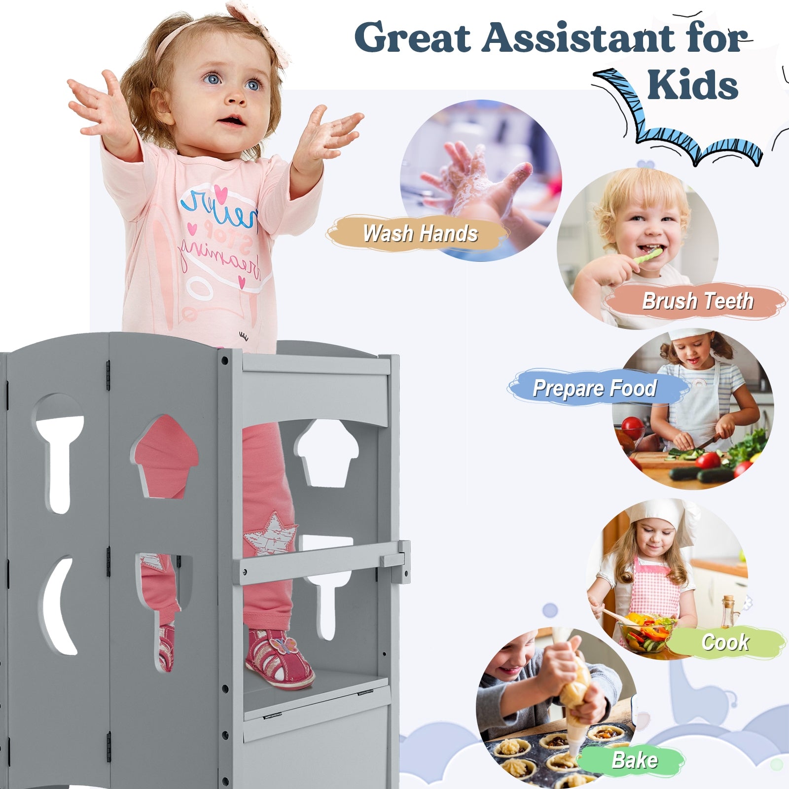 Folding Wooden Step Stool with Lockable Safety Rail for Toddler 3+, Gray Toddler & Kids Furniture at Gallery Canada