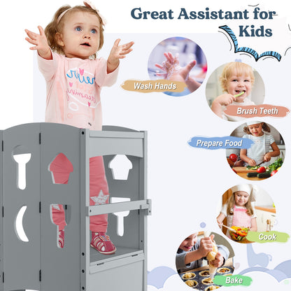 Folding Wooden Step Stool with Lockable Safety Rail for Toddler 3+, Gray Toddler & Kids Furniture at Gallery Canada