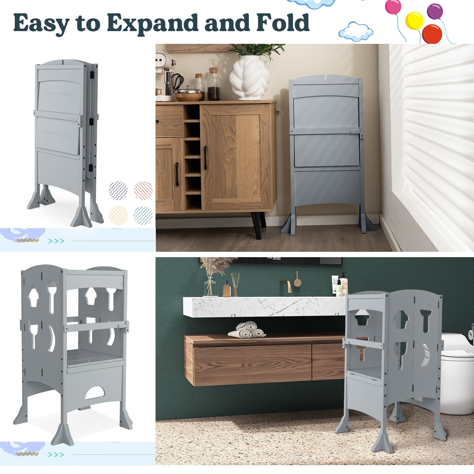 Folding Wooden Step Stool with Lockable Safety Rail for Toddler 3+, Gray Toddler & Kids Furniture at Gallery Canada