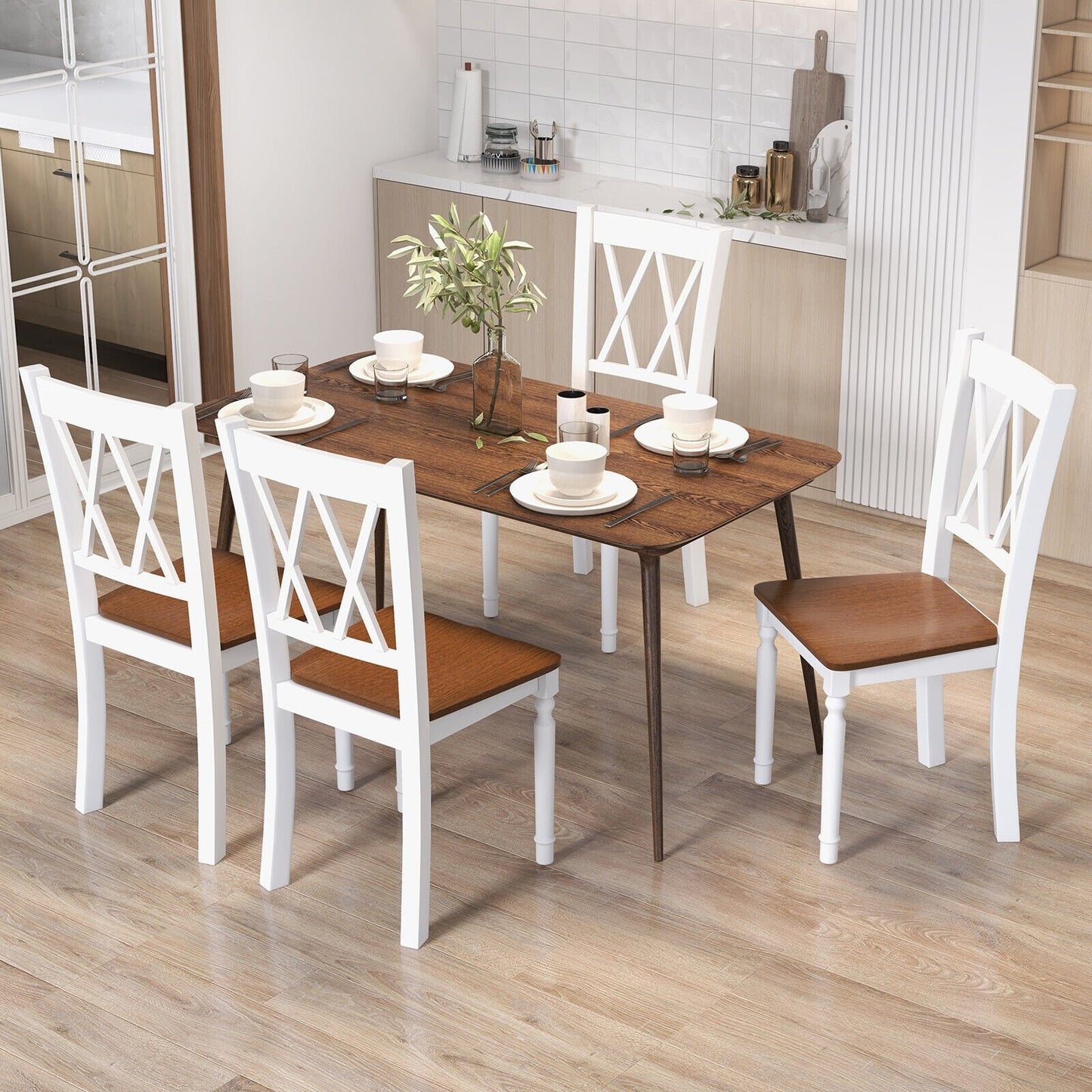 Set of 4 Wooden Farmhouse Kitchen Chairs with Rubber Wood Seat, Walnut at Gallery Canada